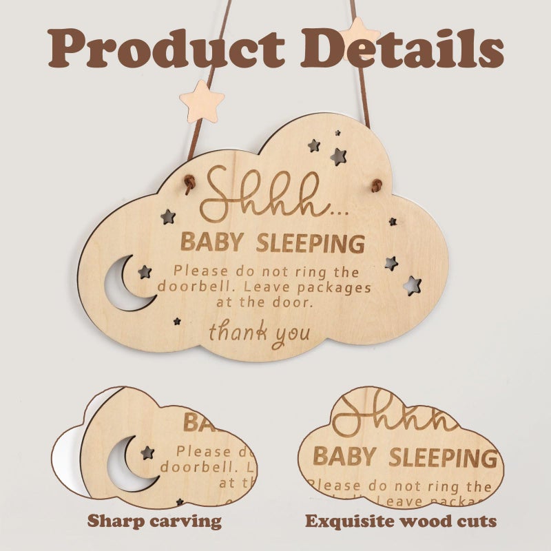 PEUTIER Wooden Sleeping Sign for Front Door - Shhh Baby Sleeping Door Hanger  Do Not Ring Doorbell Sign for Home Decoration - Gifts for New Parents - Image 3